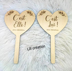 Pancartes Jeu des Marié(e)s « Lui / Elle / Moi » en forme de cœur