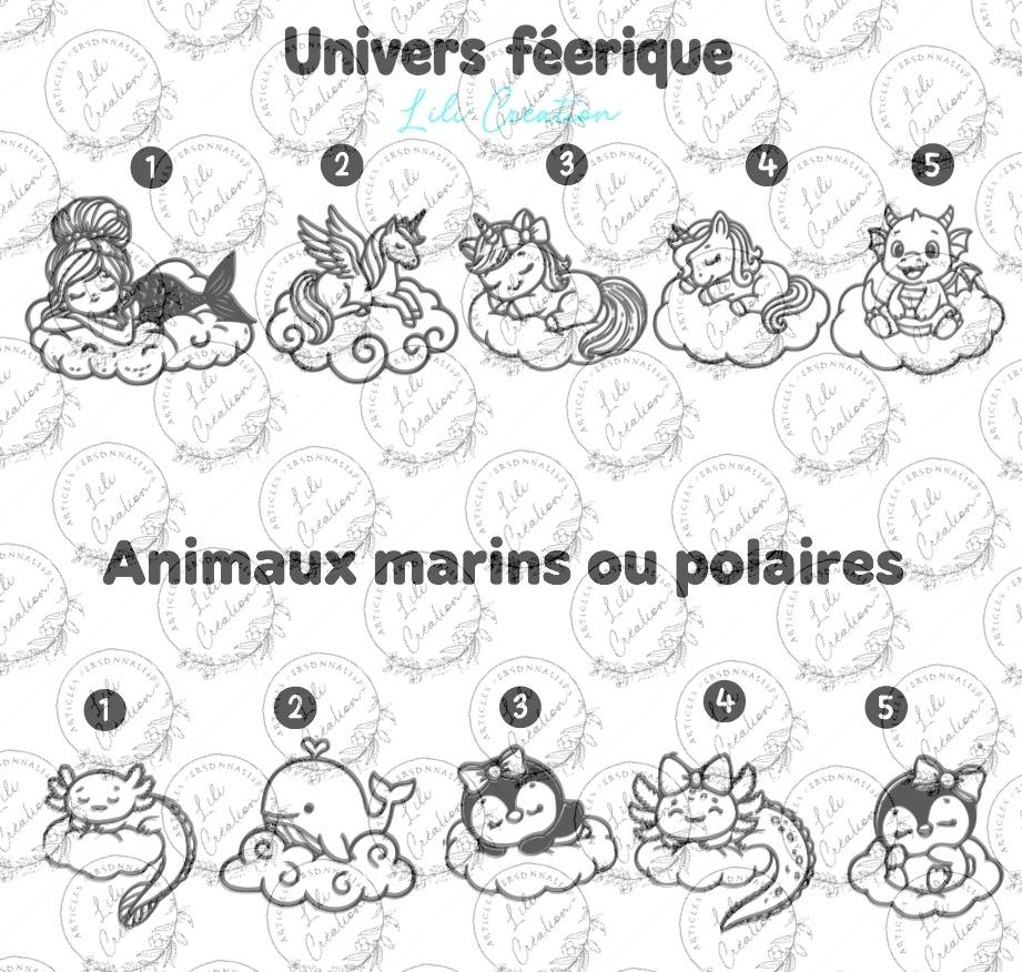 Boite à dragées baptême contour nuages et pochon personnalisée - Thème animaux mignons de la ferme, de la jungle, de la forêt, marins, astronomie, univers féérique, les bébés