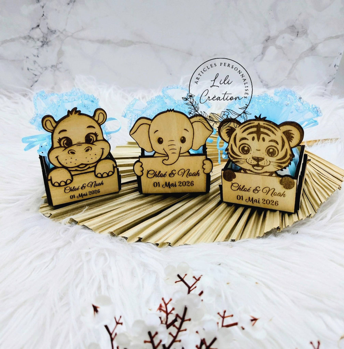 Boite à dragées baptême contour herbes et pochon personnalisée - Thème animaux mignons de la jungle, de la forêt ou de la ferme
