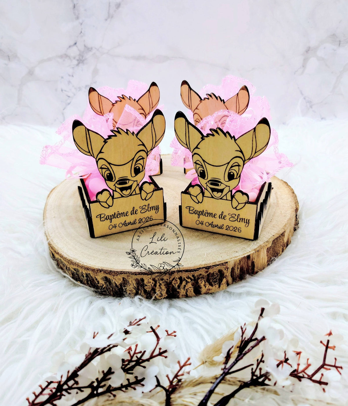 Boite à dragées baptême contour herbes et pochon personnalisée - Thème animaux mignons de la jungle, de la forêt ou de la ferme