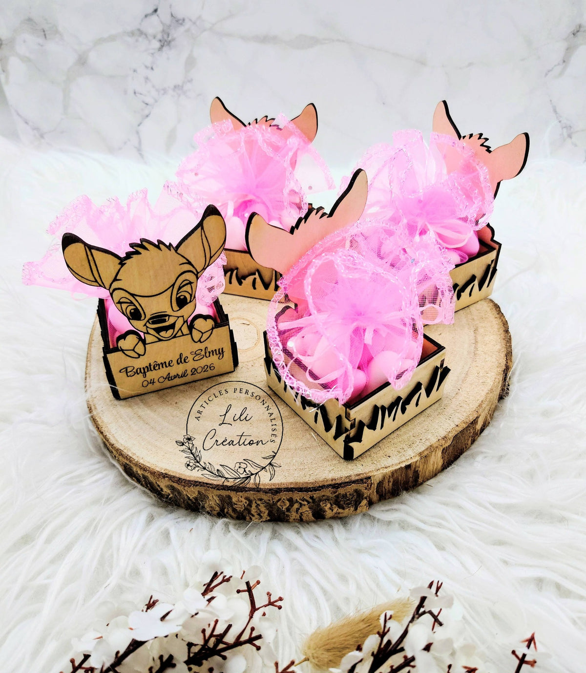 Boite à dragées baptême contour herbes et pochon personnalisée - Thème animaux mignons de la jungle, de la forêt ou de la ferme