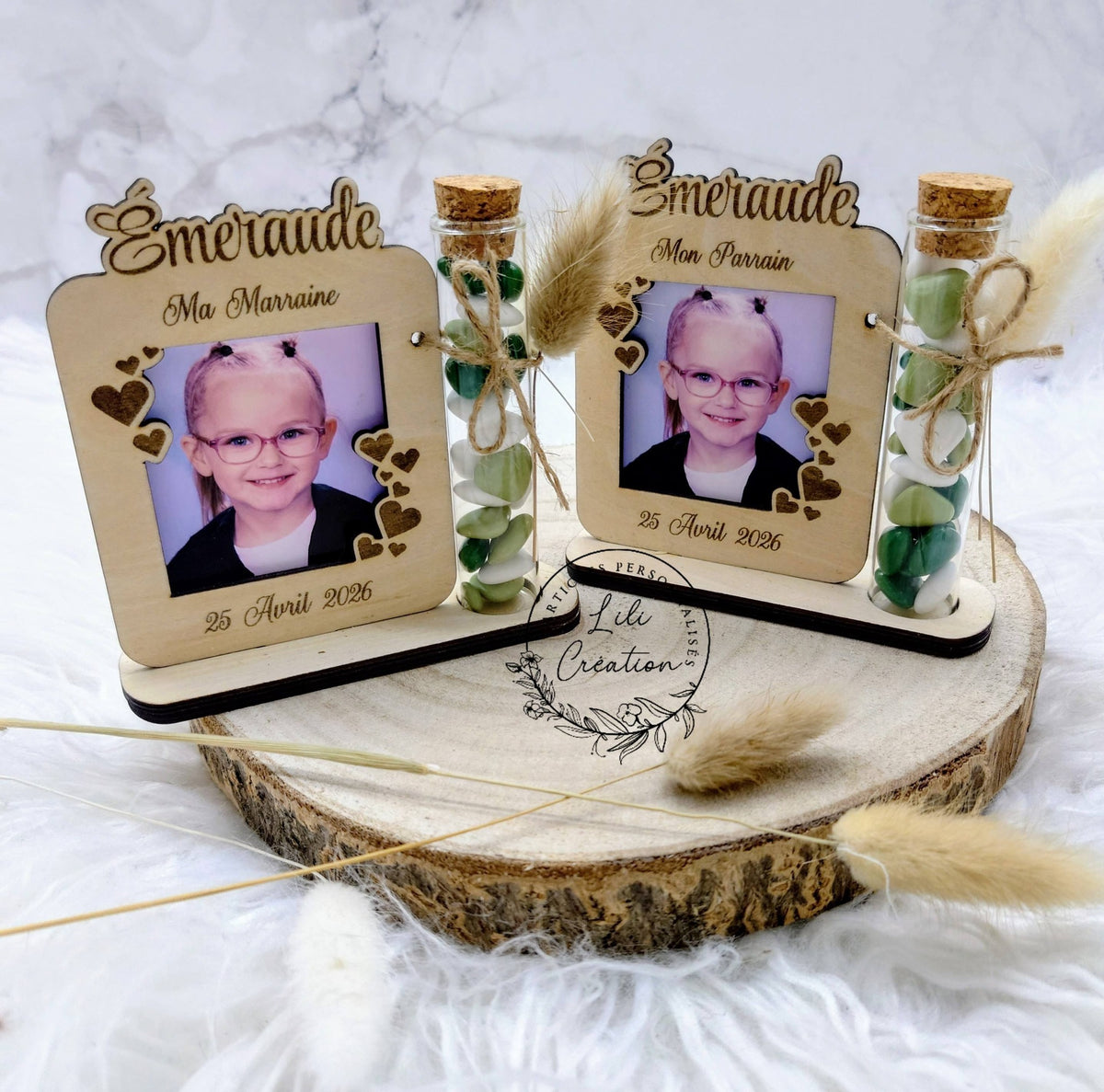 Cadre dragées avec photo, souvenir de baptême, cadeau Parrain / Marraine