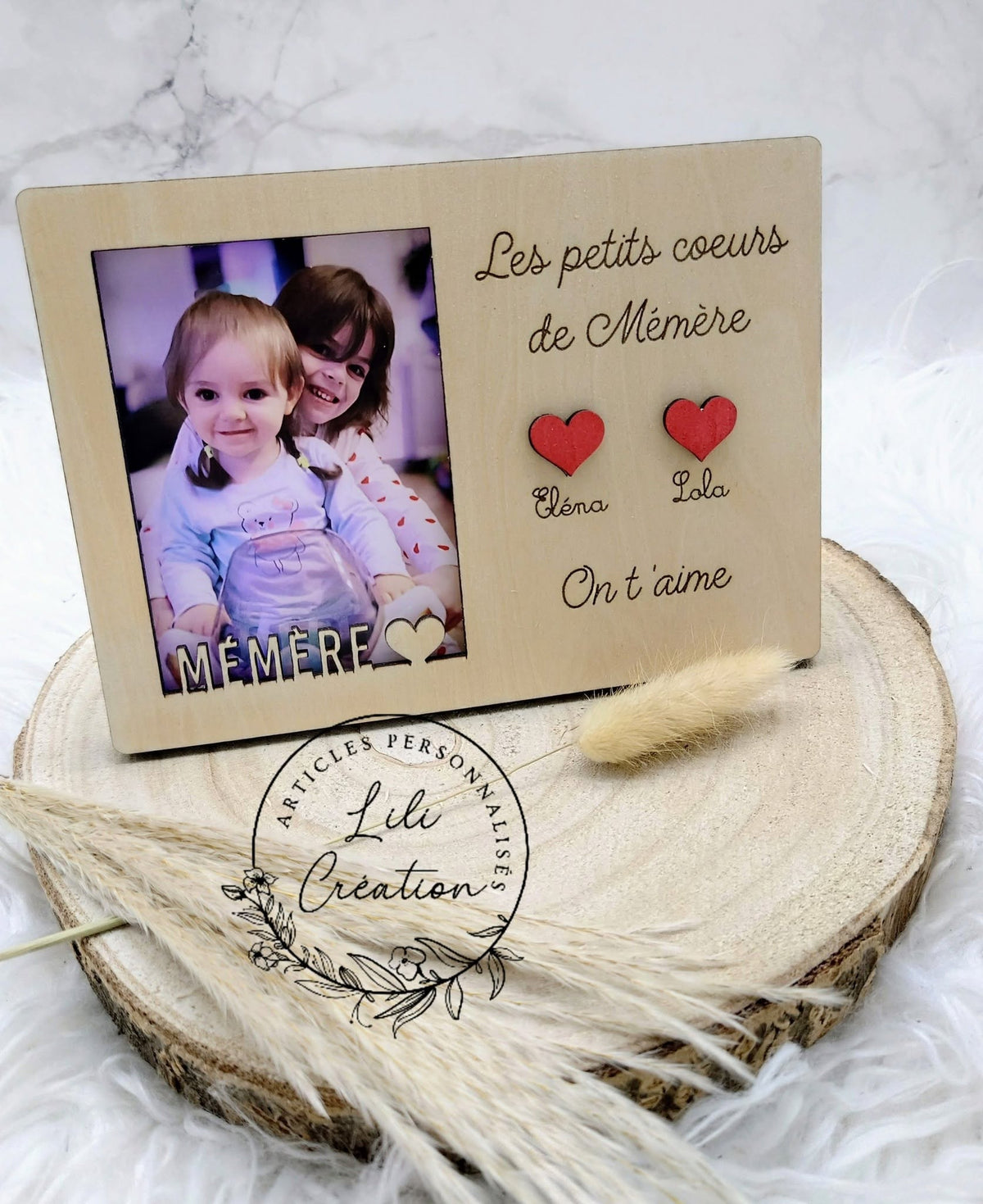 Cadre photo en bois "Les petits cœurs de..."