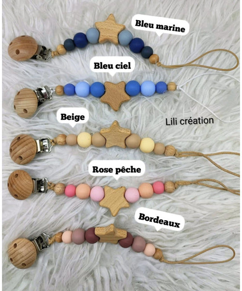 Attache-tétine étoile personnalisée en silicone et bois – Prénom gravé