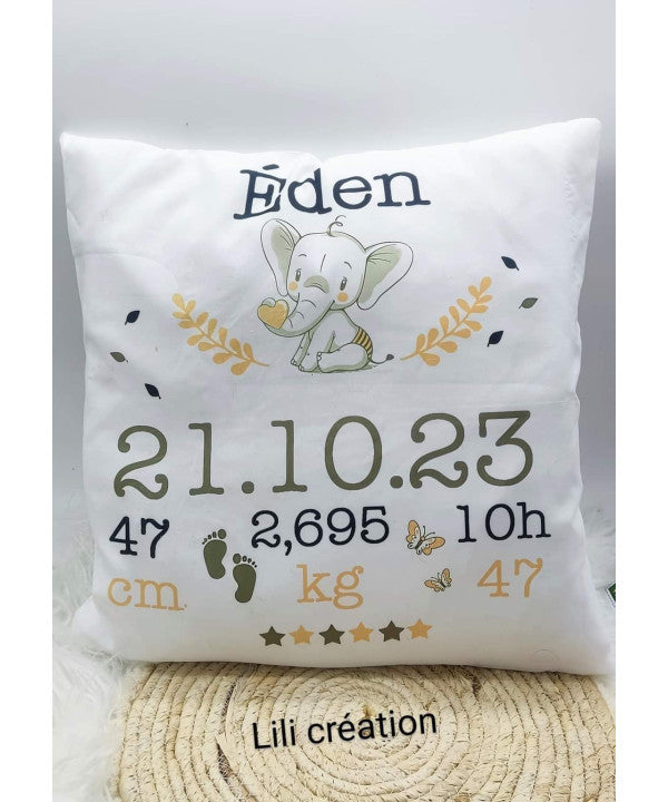 Coussin de naissance personnalisé - Éléphant