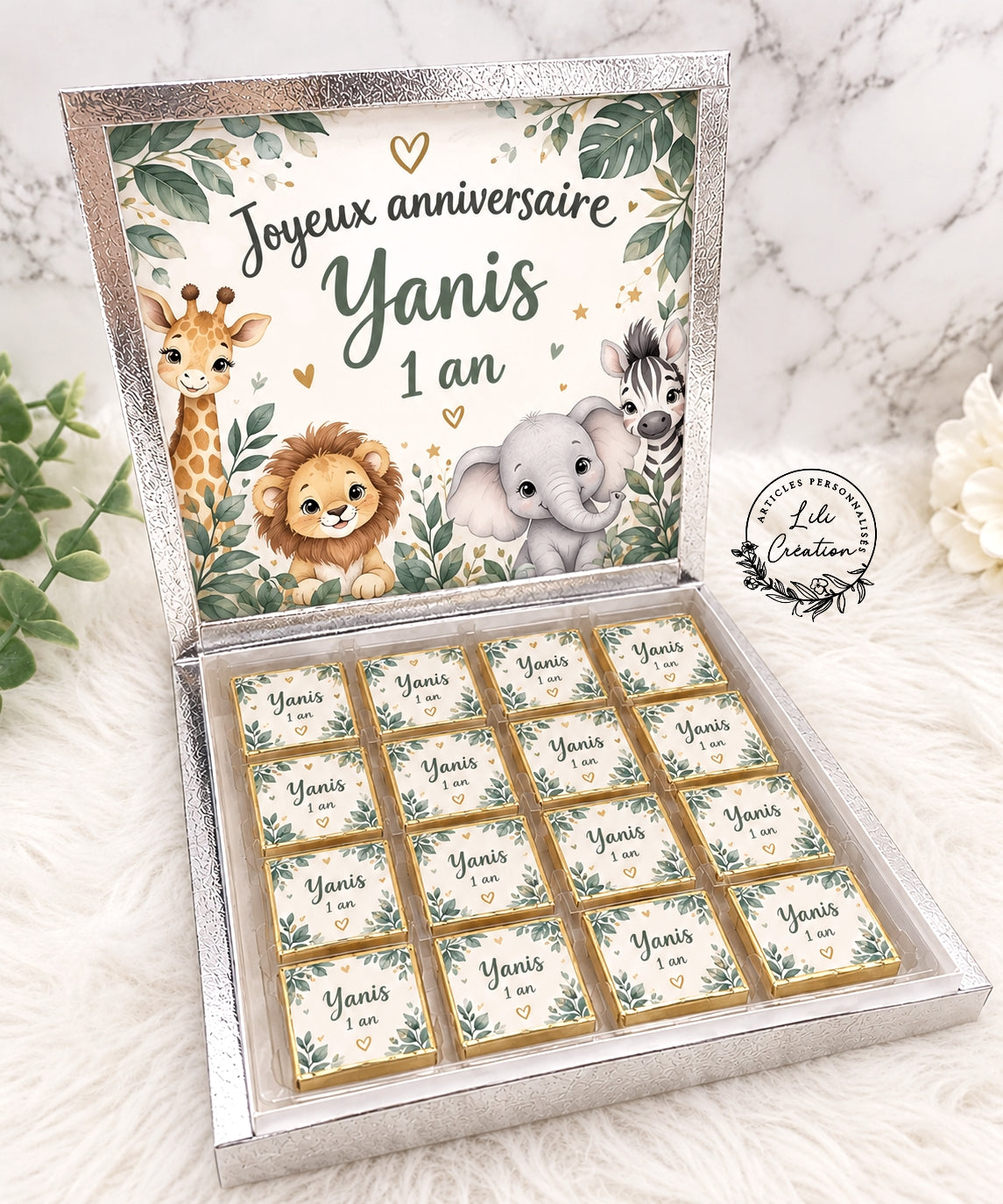 Boîte de 16 chocolats personnalisée thème Jungle (d'autres thèmes à la demande)