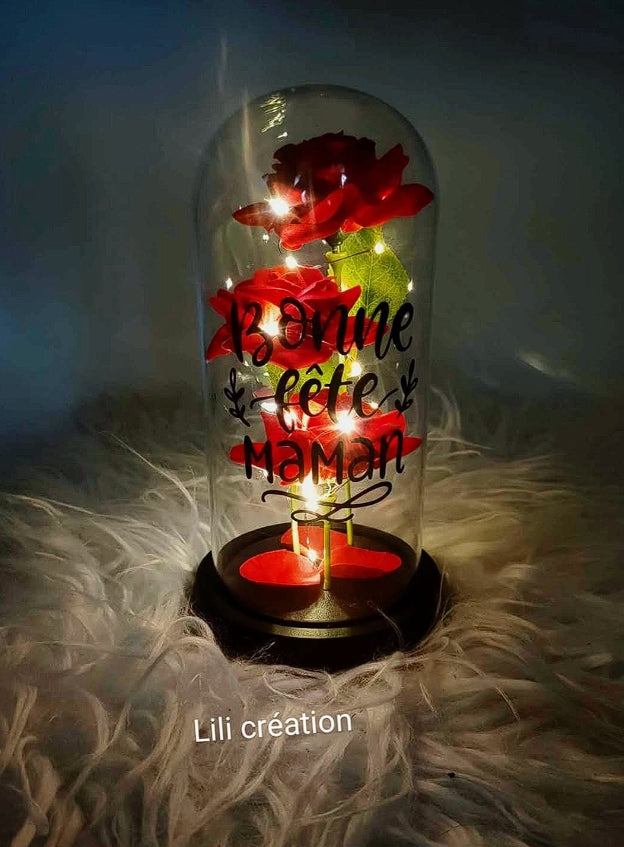 Cloche lumineuse - Roses éternelles "Bonne fête Maman/Mamie"