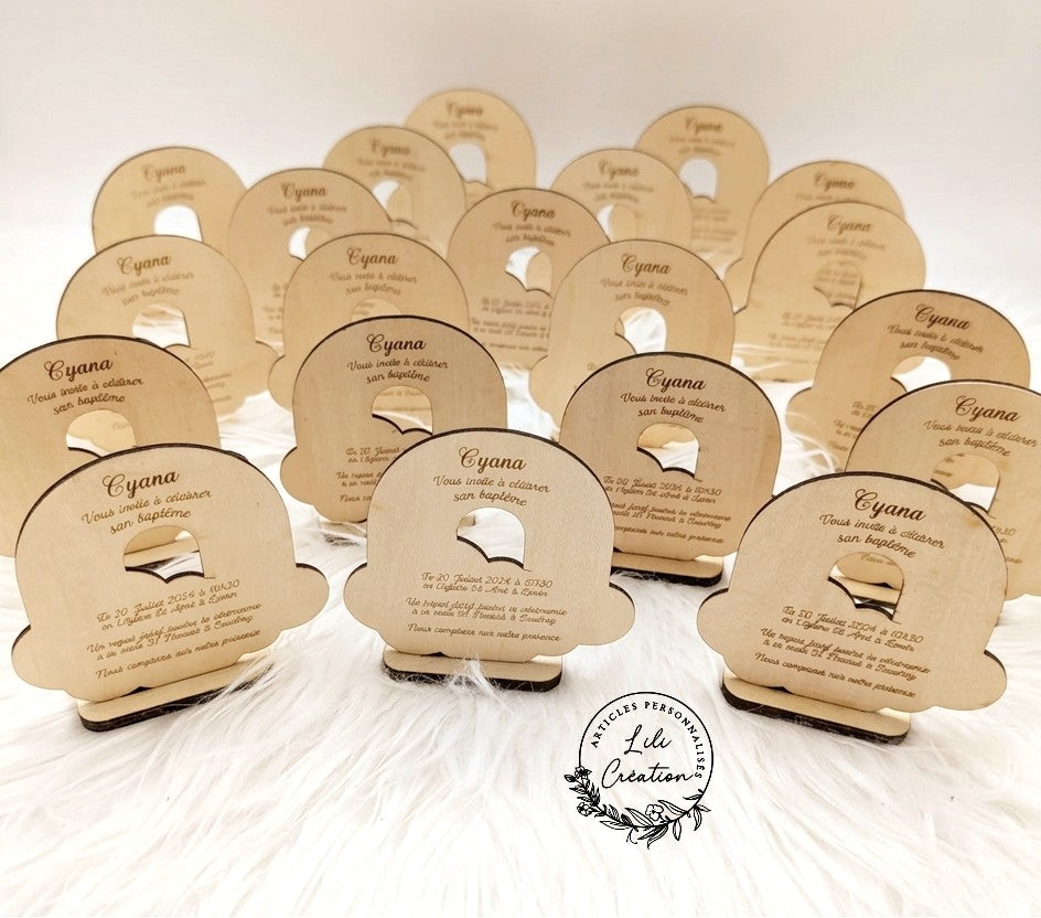 Invitations de Baptême/Anniversaire en bois – Arc-en-ciel personnalisé