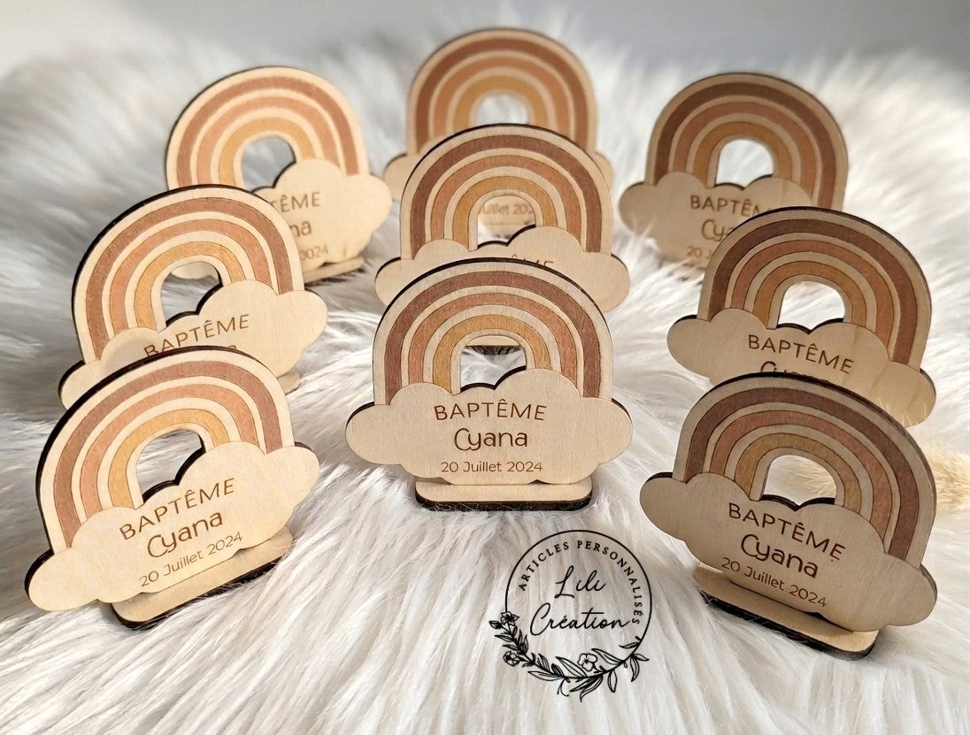 Invitations de Baptême/Anniversaire en bois – Arc-en-ciel personnalisé