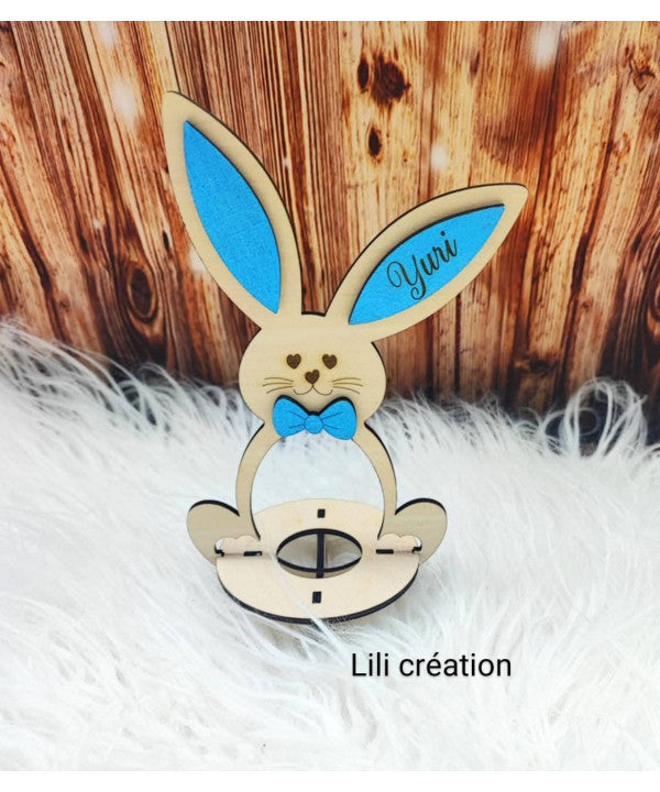 Lapin de Pâques en bois – Porte œuf Kinder personnalisé