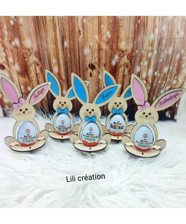 Lapin de Pâques en bois – Porte œuf Kinder personnalisé