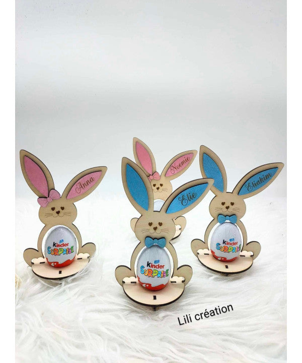 Lapin de Pâques en bois – Porte œuf Kinder personnalisé
