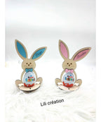 Lapin de Pâques en bois – Porte œuf Kinder personnalisé