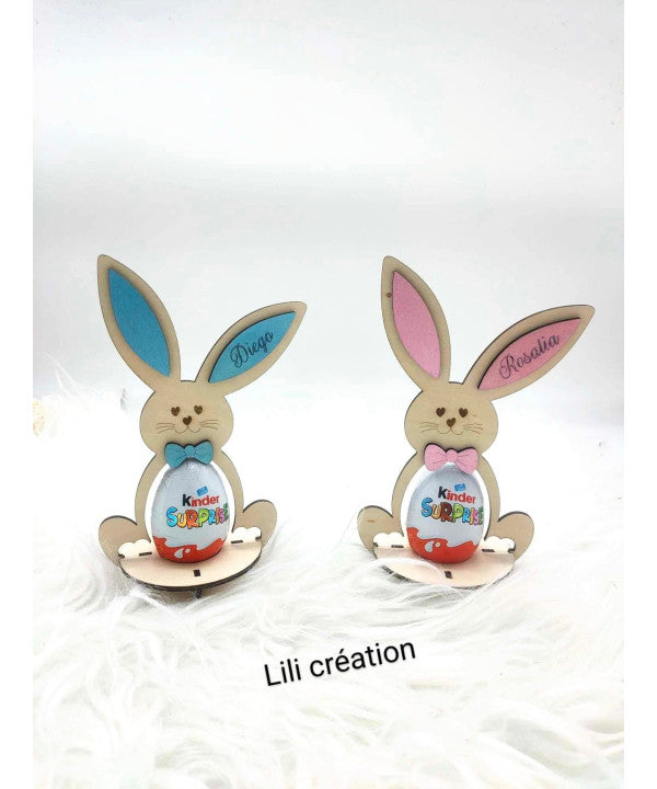 Lapin de Pâques en bois – Porte œuf Kinder personnalisé