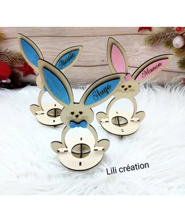 Lapin de Pâques en bois – Porte œuf Kinder personnalisé