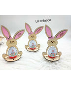Lapin de Pâques en bois – Porte œuf Kinder personnalisé