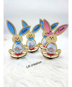 Lapin de Pâques en bois – Porte œuf Kinder personnalisé