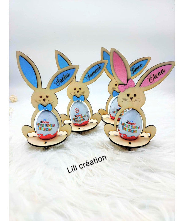 Lapin de Pâques en bois – Porte œuf Kinder personnalisé