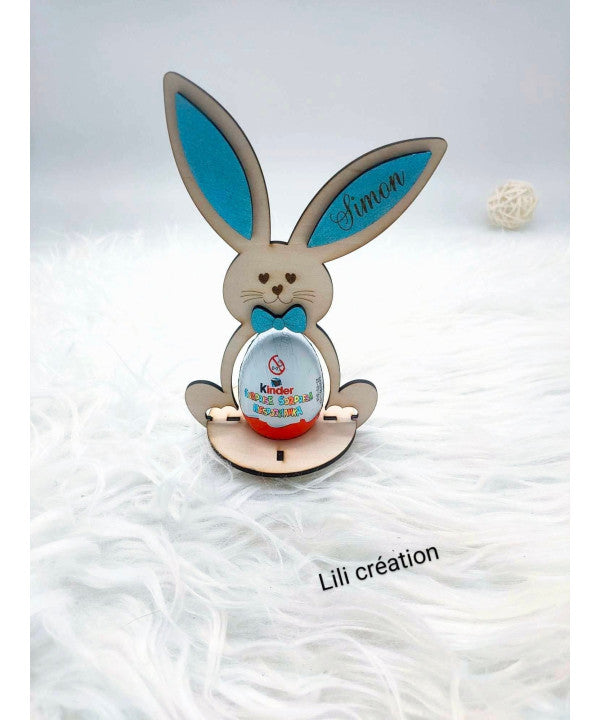 Lapin de Pâques en bois – Porte œuf Kinder personnalisé