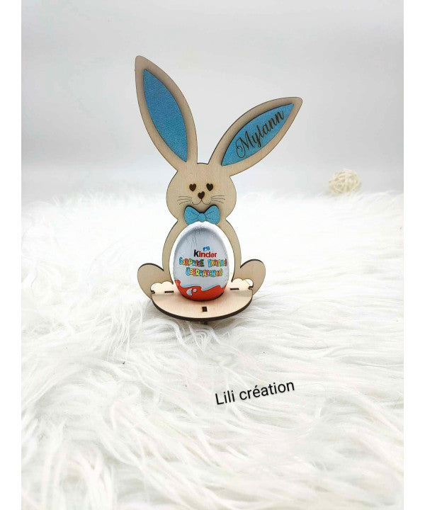 Lapin de Pâques en bois – Porte œuf Kinder personnalisé