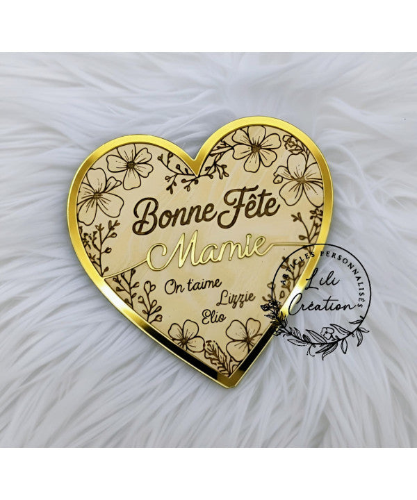 Magnet cœur acrylique et bois "Bonne fête Mamie"