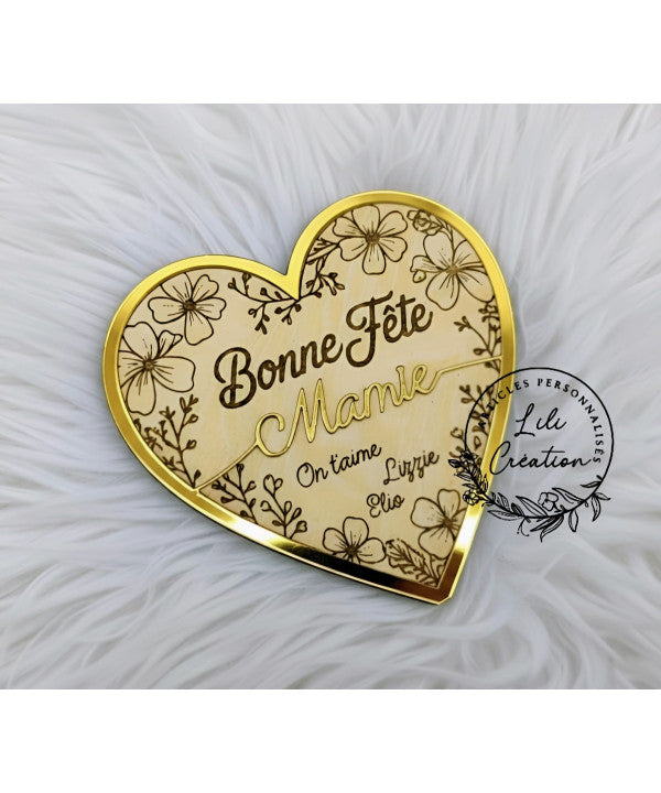 Magnet cœur acrylique et bois "Bonne fête Mamie"