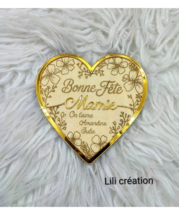 Magnet cœur acrylique et bois "Bonne fête Mamie"