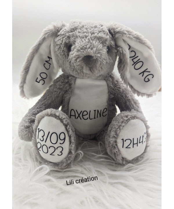 Peluche lapin grise ou blanche personnalisée